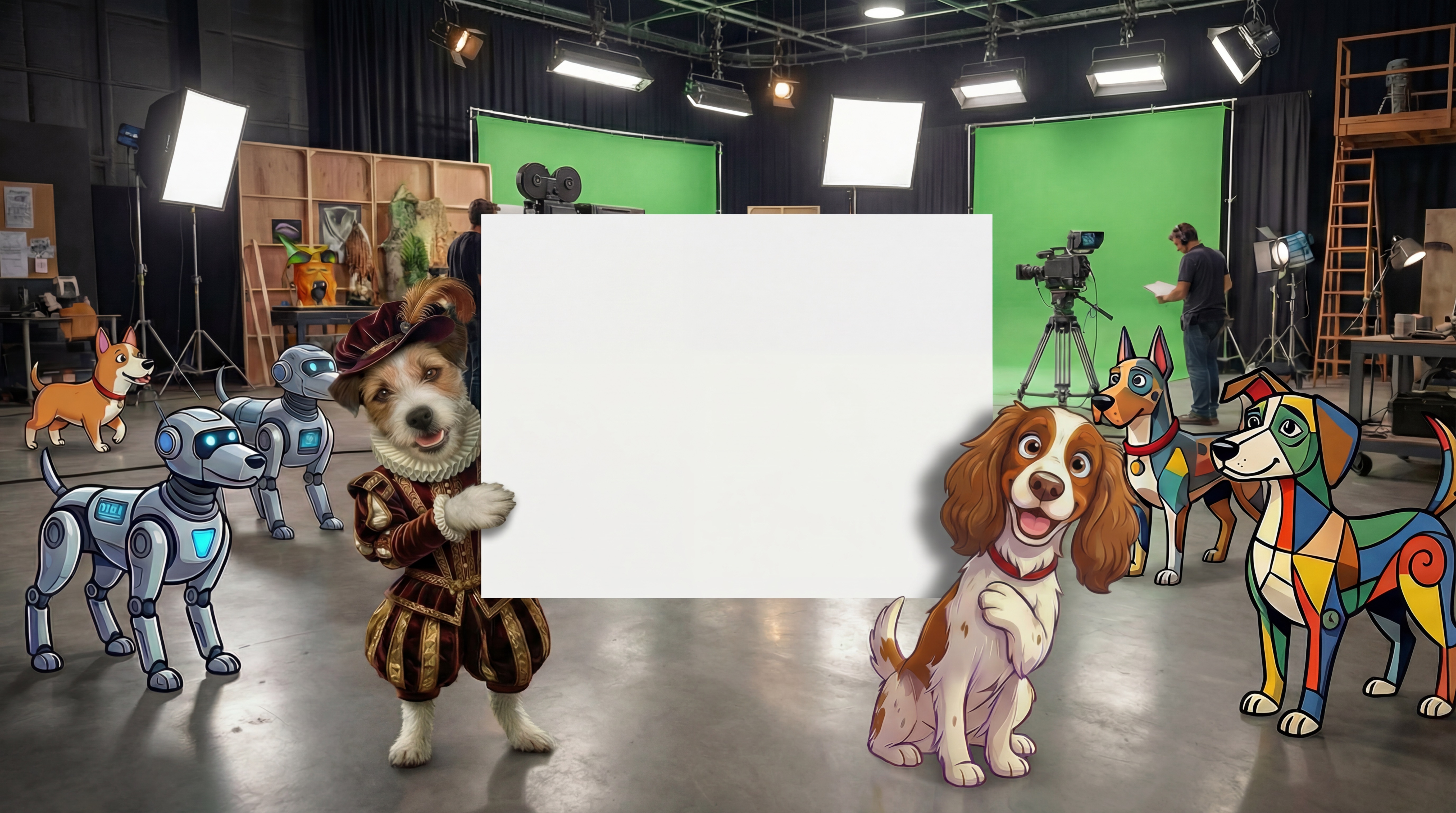 Pet studio with dogs peeking around blank canvas